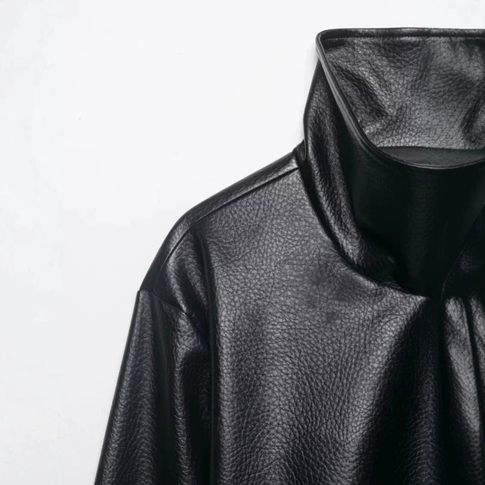 ZARA Fashionable Minimalist Faux Leather Stand Collar Jacket